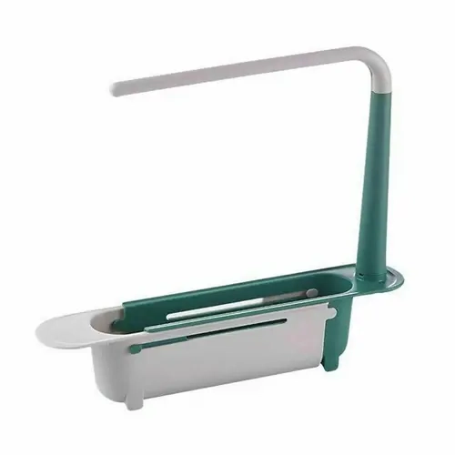 1 PCS Upgraded Telescopic Sink Organizer Rack - 2-in-1 PP Plastic Expandable Storage Tray with Buckle, Detachable Tray, Hollow Basket, Sponge Soap Holder, Cloth Hook, Easy Clean Lever, Fast Expand/Retract, Easy Installation, Tools Stay Sorted (Green)
