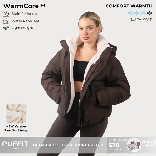 PUFFIT WarmCore Premium Short Puffer Jackets With Removable Hood & Optional Faux Fur Lining,Lady Casual Outerwear Longsleeves Zip Pockets Warm Quilted Coat,Womenswear,Tops,Sport,Fall,Winter,2026 Shopping