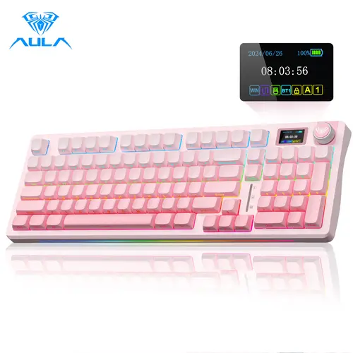 AULA S98 Pro Official Hot Swappable Wireless Mechanical Gaming Keyboard (Gaming PC Accessories), Pink with LCD Screen & Knob, Tri-Mode 2.4GHz/USB-C/BT5.0, Creamy Side-Printed PBT Keycaps, Pre-Lubed Linear Switches, RGB Color Backlight Keyboard