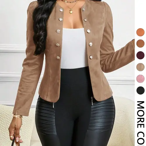 Women's Tan Suede Pearl Button Blazer, Faux Suede Fabric & Decorative Pearl Buttons & Puff Shoulders & Tailored Fit & Multiple Color Options 1pc  Napoleon/Hussar Jacket