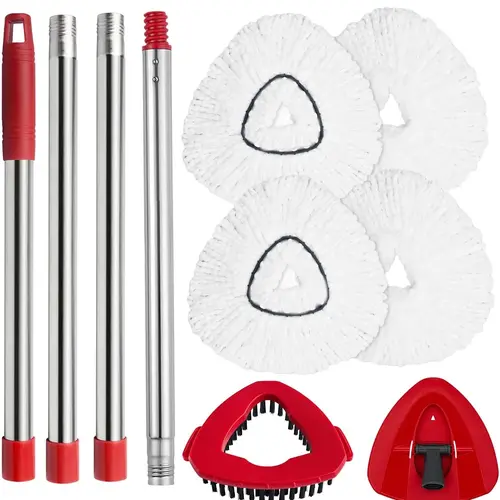 Spin Mop Head Replacement, Base, Mop Handle Compatible for O-Cedar EasyWring - Include 4 Microfiber Refills, 4-Section 30-59in Handle, 1 Cover and 1 Scrubber (1-Tank System), Toilet, Wood, Brush