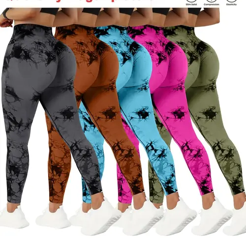 QGU Women's 5-Pack High Waisted Yoga Pants - Tie-Dye, High Stretch, Tummy Control, Peach Lift, Skinny Fit, Plus Size Activewear for Yoga, Gym, Biking, All Seasons Sports Bottoms, Knitting, Workout Gear