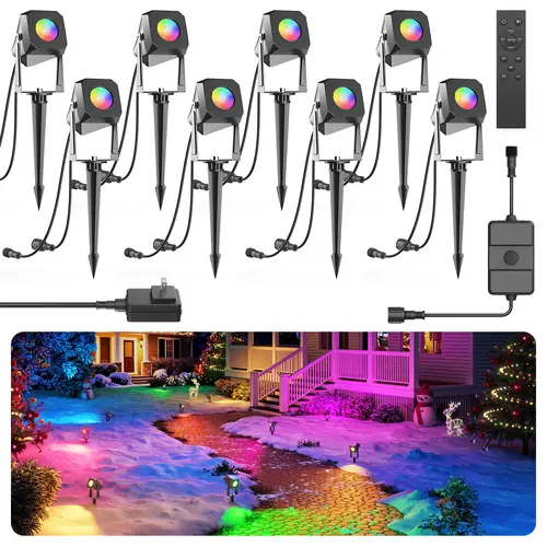 SummerVibes 4-Pack RGB Low Voltage In-Ground Pathway Lights with Stake, RGB LEDs, 1%–100% Dimming, Remote-Timer Control, Switch, IP65 Durable Waterproof Light, Easy Installation, Outdoor Home Improvement Decor for Patio Parties