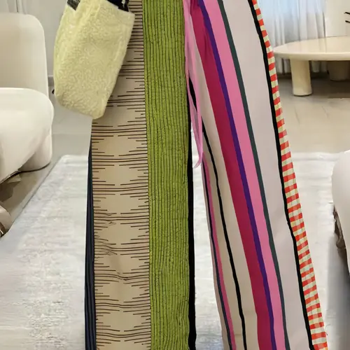 Women's Bohemian Boho Style Loose Baggy Striped Woven Pants, Colorful Patchwork Adjustable Drawstring Wide-Leg Pants, Casual Fashion Style Bottoms for Spring & Fall Everyday Wear, Comfortable Fit