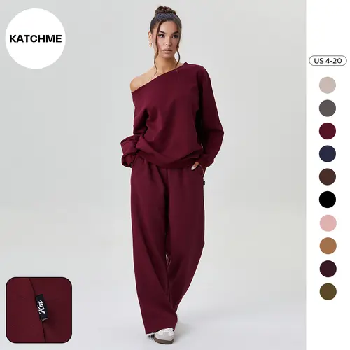 Katch Me Chic(US)Women's Leisure Solid Color Sloping Shoulder Long Sleeve Top & Wide Leg Trousers Co-ord Set & Separates, Minimalist Scoop Neck Loose Outfits, Casual Womenswear Soft Suits