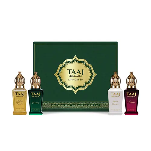 BellaVita Luxury Taaj Attar | Long Lasting Unisex Gift Set for Man and Woman 4x12ml | Caramel, Lemon, Cinnamon, and Musk | Non-Alcoholic Roll On | Oud, Floral, Musk | Attar for Men and Women