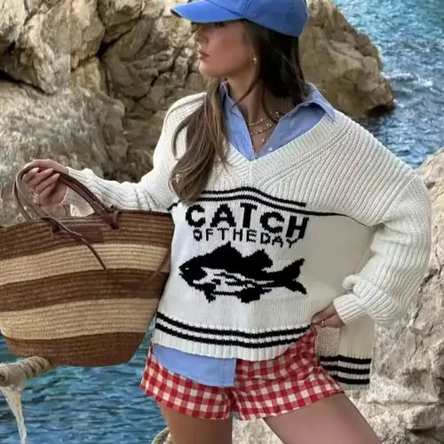 Women's V Neck Sweater, Fall Winter Loose-Fit Knitted Top, Casual Knitwear, Casual Fashion Long Sleeve Pullover, Elegant Design with Fish Pattern, Casual Pullover Tops, Cozy Knitwear, Acrylic Knitwear