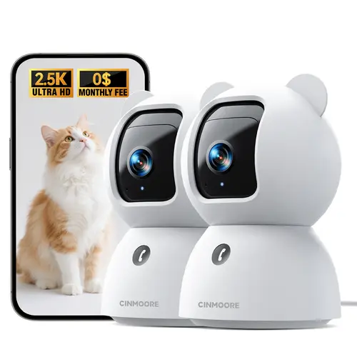 CINMOORE 2.5K Security Camera Indoor, Non-Subscription AI Person/Pet/Cry Detection, 4MP Pet/Dog/Cat Camera with Phone App, Pan Tilt 2.4GHz WiFi Cameras for Home Security, IR Night Vision, Full Duplex 2-Way Audio, 2 Pack, Smart Home Gadgets, Ai-Powered Hom