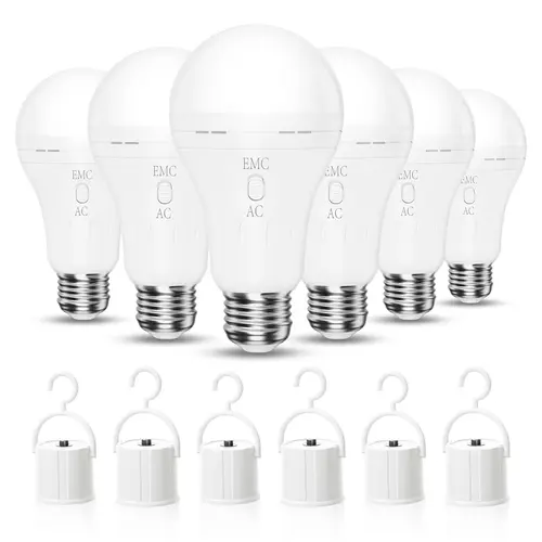Brightown 4-Pack/6-Pack Rechargeable A21 E26 Light Bulbs, 120V 7W (7-60W Equivalent) 620lm Energy Saver, 6500K Daylight, 1200mAh Batteries, AC Power, for Indoor Table Lamps, 6pack Storm Backup