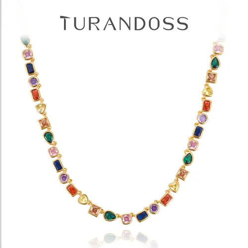 Turandoss Brass Gold Plated Tennis Necklace - 14 Karat Metal Coating Unisex Chain with Colorful CZ, Emerald & Aquamarine Glow Gemstones - 15+3.5in Adjustable Choker, Birthday Gifts for Him