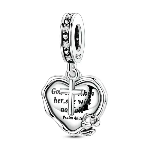 Women's Dainty Cross Charm, 925 Sterling Silver with Engraved Psalm 46:5 Heart Charm, Cubic Zirconia Minimalist Jewelry, European Bracelet-Fit Religious Christian Gift for Youth, European Charm