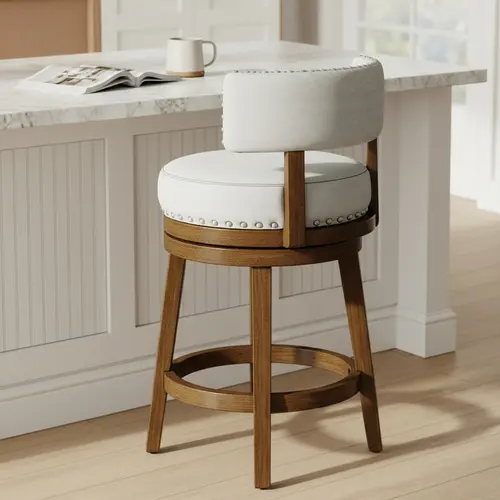 COLAMY RENO Bar Stool Swivel Counter Height Wooden Upholstered Vintage Kitcchen Chair with Ergonomic Backrest 360° Swivel Rubberwood Frame 300 lbs Capacity Modern Chair Barstools