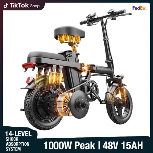 Lightweight Folding Commuter Ebike for Adults, 500W Motor (1000W Peak), 48V 15Ah Battery, 14-in Tires, 30-45km Range, Certified Suspension System, Brakes