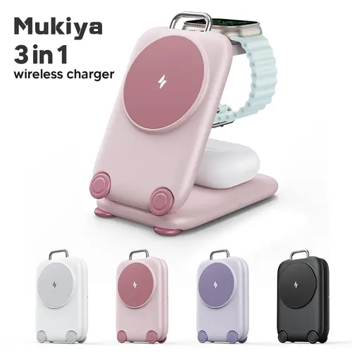 【Back to School】Mukiya Magnetic 3 in 1 Mini Suitcase-style MagSafe Charger Stand for iPhone 16 15 14 13 12 Pro Max Plus, Apple Watch& Air pods 4 3 2 Pro