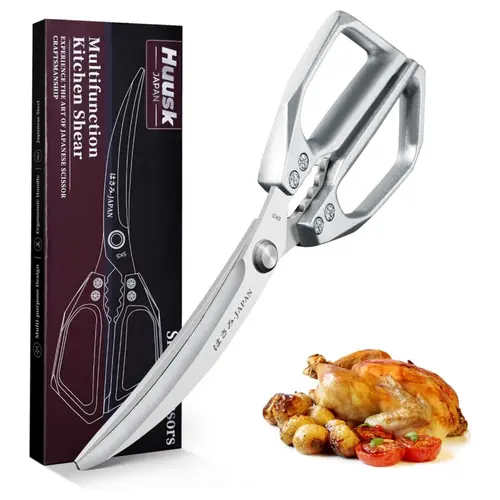 【Summer Sale】HUUSK Kitchen Scissors Silver - Stainless Steel Kitchen Shears for Food, Japanese Cooking Scissor, Sharp Meat Scissors Dishwasher Safe, Heavy Duty Poultry Shears for Chicken Bones,Christmas Gift