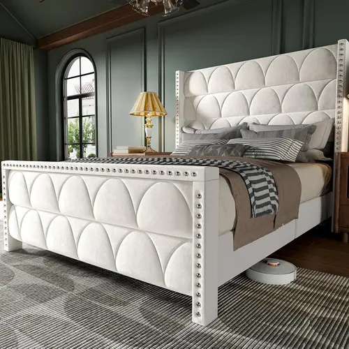 Queen Size Velvet Upholstered Wingback Platform Bed Frame, 56-in Tufted Headboard, 1000LBS Capacity Sturdy Wooden Slat Support, Noise-Free Bedroom Furniture, Queen Bed Frame
