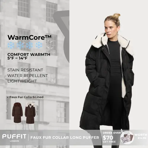 PUFFIT WarmCore Premium Classic Hooded Long Puffer Coat Women Long Ladies Quilted Outerwear Jacket Big Pocket,Water Repellent,Fall Winter Warm Basic Long Sleeve Tops Coat,Womenswear,2026 Shopping