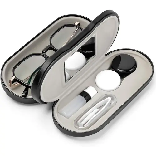PU Leather 2-in-1 Eyeglasses & Contact Lens Case, Double-Sided Portable Holder with Built-in Mirror & Accessories Kit for Travel, Eyeglass Accessories