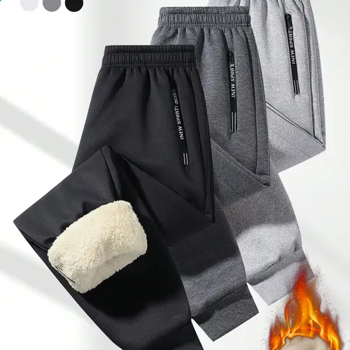Men's Form-Fit Casual Wool Pants - Keep Warm, Natural Material, Thick Warm Fleece Core, Athletic Fit, Drawstring Waist, Zippered Pockets, Plain Look