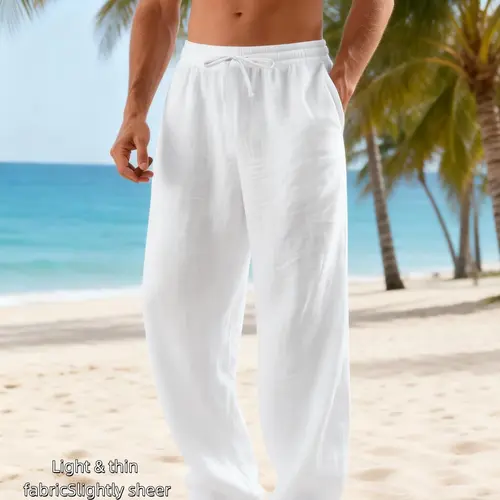 Men's Linen Straight Leg Casual Pocket Pants, Elastic Waist Drawstring Waisted Long Pants, Lightweight Breathable Beach Shorts for Ocean Vacation & Home Wear, Casual Wear Bottoms