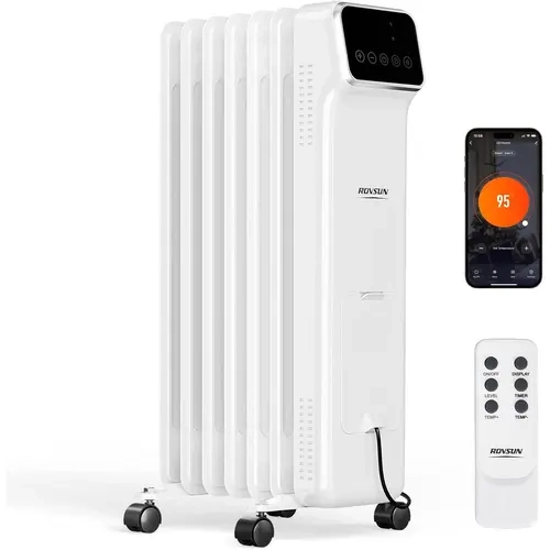 ROVSUN Corded Oil-Filled Radiator Heater, 100W/300W/600W/1500W Portable Adjustable Thermostat Heater with Remote & APP Control, Floor Mount, Tip-Over & Overheat Protection, Non-UK Plug with Compatible Conversion Plug for Families, Bedroom Indoor Use