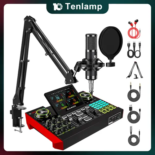 Tenlamp G10-P15 Sound Card with Cantilever Stand, Custom Sound Effects, Condenser Microphone, for Live Streaming, Gaming, Singing and Podcasting, 2-Stage Noise Cancellation, and Computer Audio Mixing