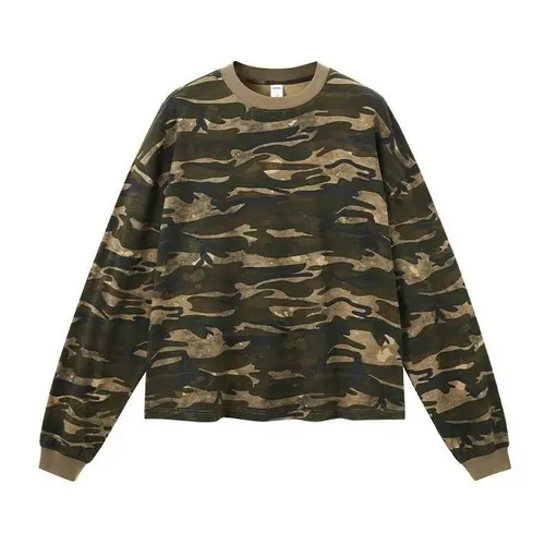 Inflation Men's Camouflage Long-Sleeve Cotton Graphic T-Shirt - Cropped, Boxy, Loose Crew Neck Streetwear Casual Menswear for Outdoor Wear | Fashion Apparel, Graphic Clothing, Long Sleeve Tops, Everyday Tops, Versatile Mens Clothing