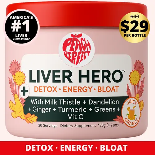 Peach Perfect Liver Hero - Milk Thistle, Dandelion, Ginger, Turmeric, Greens & Vit C - Juicy Orange Flavor - America's #1 Liver Detox Drink - 30 Servings - Detox Energy Bloat