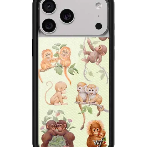 Wildflower Cases Monkey Biz Limited Edition Custom Smartphone Case, Raised Protective Black Bumper, Pastel Green Background with Brown Branches, Leaves & 10 Monkeys, Women's Owned Small Business Handheld Protector Accessory, Gift for Her