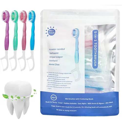 26-Pack Disposable 5-in-1 Oral Cleansing Mini Brushes with Toothpaste & Pick - Youth-Focused Mini Toiletries for Purse, Portable Individually Wrapped for Travel, 4 Assorted Flavors