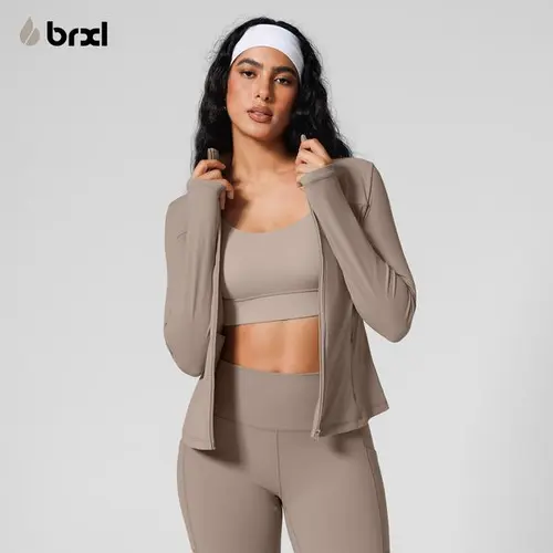 BRXL Women's Athletic Yoga Jacket — A solid-color, slim-fit, stretchy cotton zip-up jacket featuring a square neckline, front zipper, and side pockets.#sohochi #backtoschool