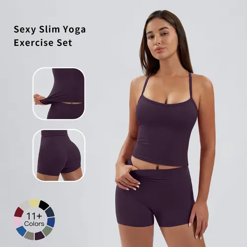 Tenwolf Two-piece Set Women's Solid Backless Cami Top & High Waist Shorts Tracksuit Set, Sleeveless Spaghetti Strap Crop Top & Skinny Shorts, Ladies Sportswear for Indoor Outdoor Wear, Gym Wear, Gym Casual Wear, Summer Activewear, Gymwear pink