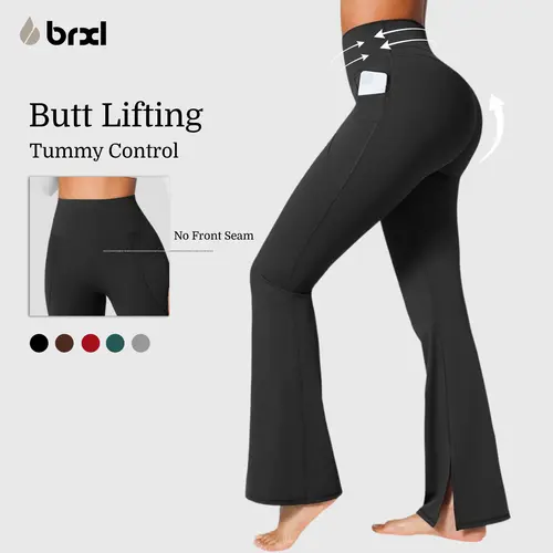BRXL Women's 30" No Front Seam High Waist Tummy Control Mini Flare Leggings - Soft, Stretchy Activewear with Pockets for Gym Workout Apparel, Athleisure Wear, Womens Fitness, Workout Outfit Inspo, Sportswear #sohochi #backtoschool