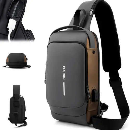 Men's Anti-Theft Crossbody Bag, Multifunctional Oxford Sling Pack with USB Charging Port, Waterproof Casual Chest Bag for Everyday Travel, Waterproof Belt Bag, Casual Waist Bag