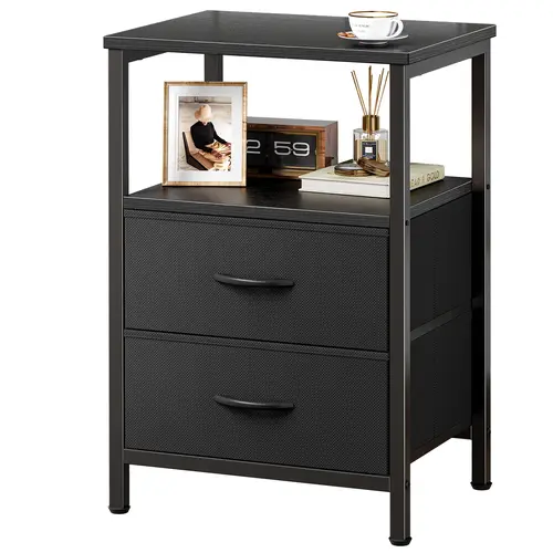 Huuger Night Stand with 2 Drawers, Bed Side Table with Open Shelf, Wooden Top, End Table for Small Space, Bedroom, Fabric Drawer, Bedside Tables, Sofa Side Table