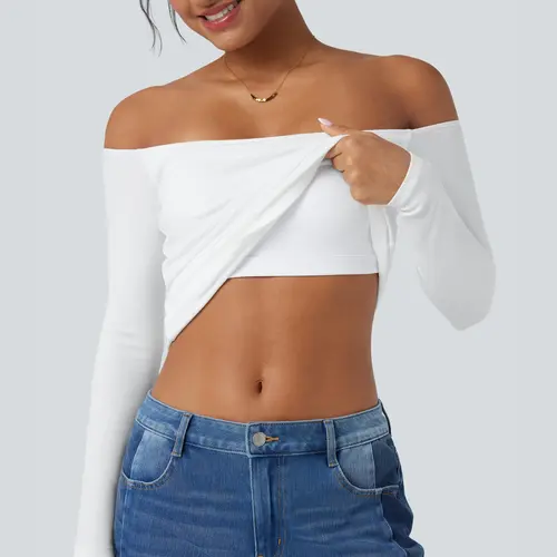 Halara Ribbed Knit Off Shoulder Long Sleeve 2-in-1 Casual Top