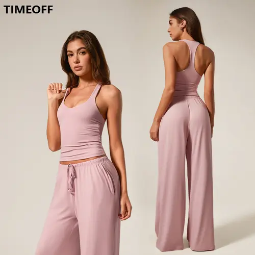TIMEOFF Women's 2-Piece Sleeveless Activewear Set - Racerback Crop Tank & Wide-Leg Slim-Fitting Pants, Stretchy Fabric, Supportive Fit for Training & Outfits, Stylish Women's Clothes, 2 Piece Sets, Gym Workout Sets