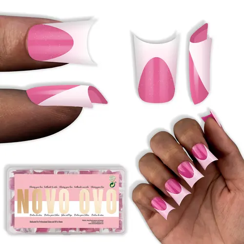 NOVO OVO Press On Nails, 240 Pcs Extra Thick Soft Gel Full Cover Set with Rose Pink French Tips, Sturdy Edges, Almond & Square Tips, Nails Press On & Accessories