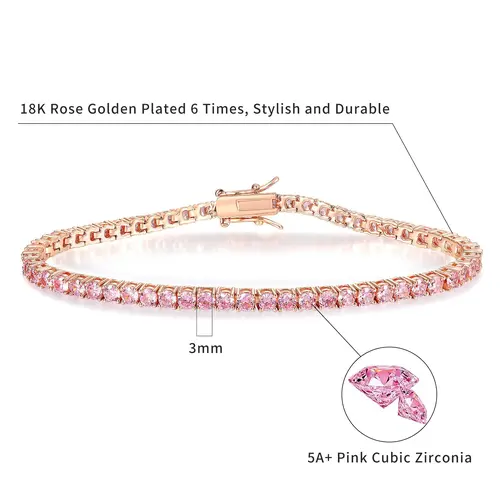 GEMSME 3MM Round Cut Cubic Zirconia Bracelet - Rose Gold Plating, Hypoallergenic for Sensitive Skin, Adjustable Minimalist Bangle, Unisex Luxe Look, Bling Effect, Cubic Zirconia Bands, Bracelet Stacking, Birthday-Ready Sparkle, Anniversary Gift ATS59996-R