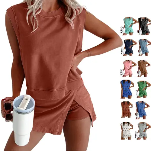 Ommig Women's 2-Piece Casual Sleeveless Fitted Summer Lounge Set - Mineral Wash Cotton Tank Top, Lined Split Athletic Skirt for Travel, Women 2 Piece Sets