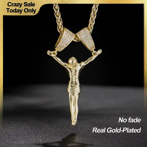 Holylegend Unisex 14 Karat Real Gold-Plated Jesus Christ Figure Pendant Necklace, 3D Charm with Diamond Double-Lock Clasp, 24" Length 24in Chain, Adults' Men's Accessories, Religious Daily Wear Gift