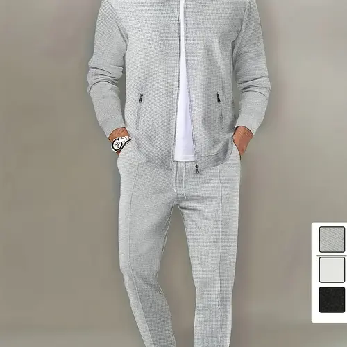 Men's 2-Piece Sports Clothing Set - Plain Fitted Lapel Collared Zippered Jacket & Soft Polyester Pants Sweatsuit, Casual Sporty Outfit, Father's Day Gift Option,sohochic