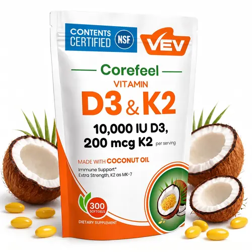 VEV Vitamin D3 K2, 2 in 1 Vitamins Supplement D & K, 10000 IU, 300 Virgin Coconut Oil Softgels, Dietary Healthcare Daily Health Bundle, NSF Certified