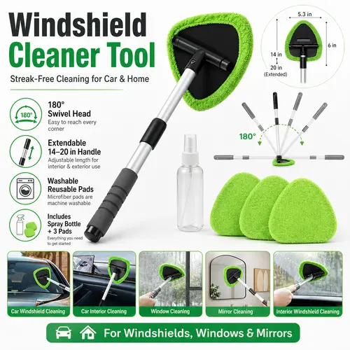 Windshield Cleaner Tool with Extendable Handle, 180° Swivel Car Window Cleaner Kit with Spray Bottle and 3 Reusable Microfiber Pads for Auto Glass, Windows and Mirrors