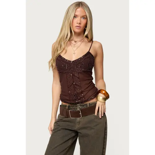 Azelia Beaded Sheer Mesh Top