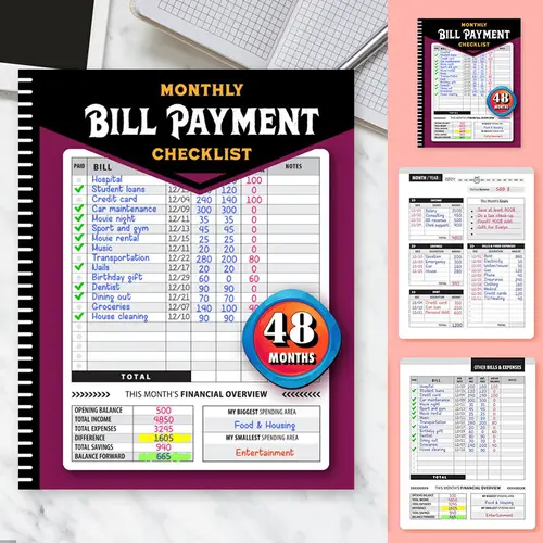 Bill Organizer Planner - Durable Bound Notebook, Spiral-Bound for Convenience, 960 Records for 4 Years, Monthly Planner, Bank Tracking, Debt Payoff, Expense Log, Office Stationery for Financial Planning & Managing Household Expenses