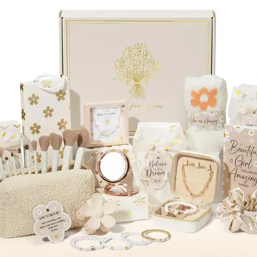 Daisy Flower Selfcare Teen Girl Gift Basket - Trendy Empowerment Set with 8/10 Task Tags, Makeup, Necklace, Bracelets for Niece/Daughter (Valentine’s Day, Tween Birthday Home/Festive Party Supplies)