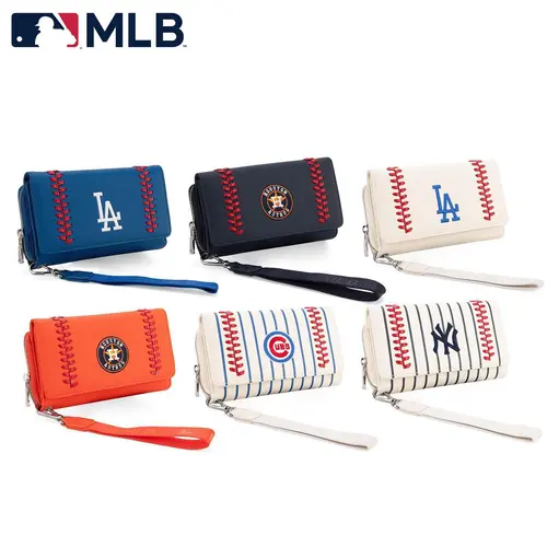 MLB PU Leather Women's Wallet with Wristlet - Official Team Embroidered Logo, Multi-Compartment Zipper Wallets for Women, Cell Phone Purse for Game Day & Casual Use 107, Zipper Purse, Embroidery, Team Logo, Athletic, Top Zip, Back Zipper Pocket