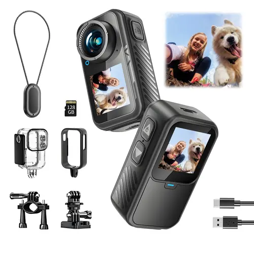 NUISK WiFi Action Camera, pocket portable cam with touch screen and waterproof case, 5X zoom, Compact Magnetic Sports Camera, Ideal for beginners, perfect birthday and Christmas gift, stick-on wearable body camera.