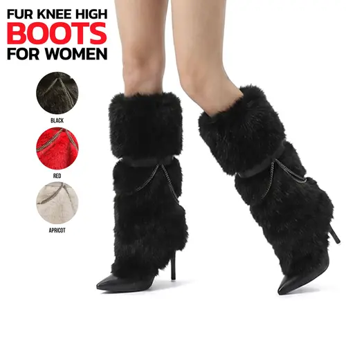VIMISAOI Womens Knee High Boots Faux Fur Fold Over Pointed Toe Stiletto High Heel Side Zipper Chains Comfortable Stylish Fashion Party Dress Date Casual Outdoor Travel Shopping Concert Night Out Events Holiday Tall Long Heeled Booties Shoes